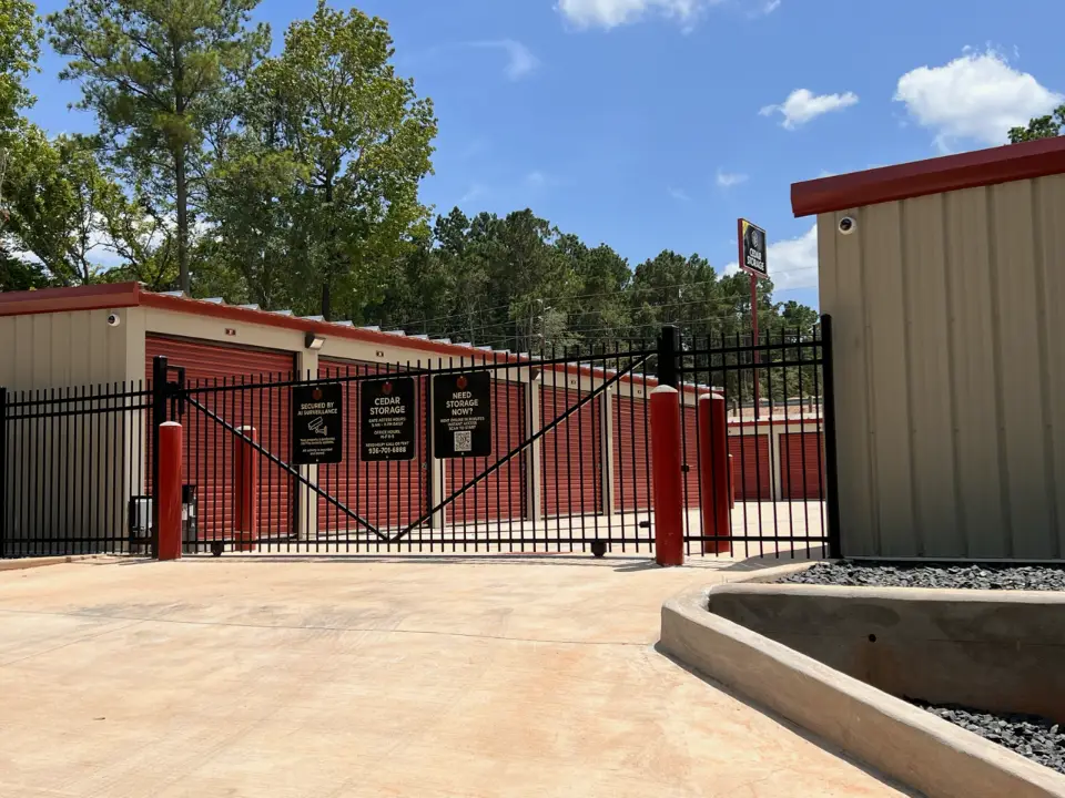 Gated entrance with keypad access at Cedar Storage